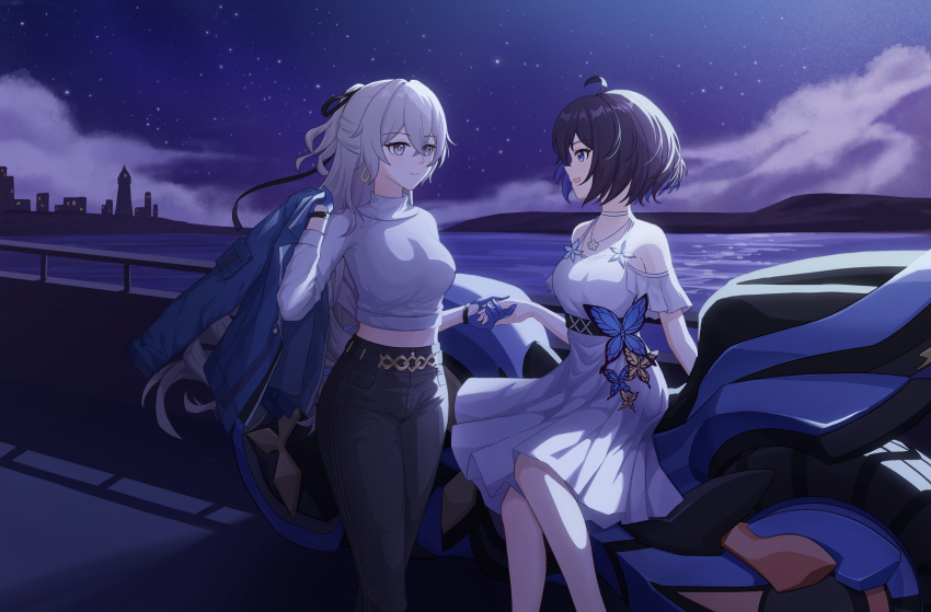 2girls absurdres bangs bare_shoulders black_pants blue_eyes blue_gloves blue_hair breasts bronya_zaychik bronya_zaychik_(silverwing:_n-ex) broseele closed_mouth commentary_request dress eyebrows_visible_through_hair feet_out_of_frame gloves grey_eyes grey_hair ground_vehicle hair_between_eyes highres holding holding_another's_arm holding_clothes holding_jacket honkai_(series) honkai_impact_3rd jacket leaning_against_motorcycle long_hair looking_at_another motor_vehicle motorcycle multicolored_hair multiple_girls night open_mouth outdoors pants seele_vollerei short_hair sleeveless smile white_dress