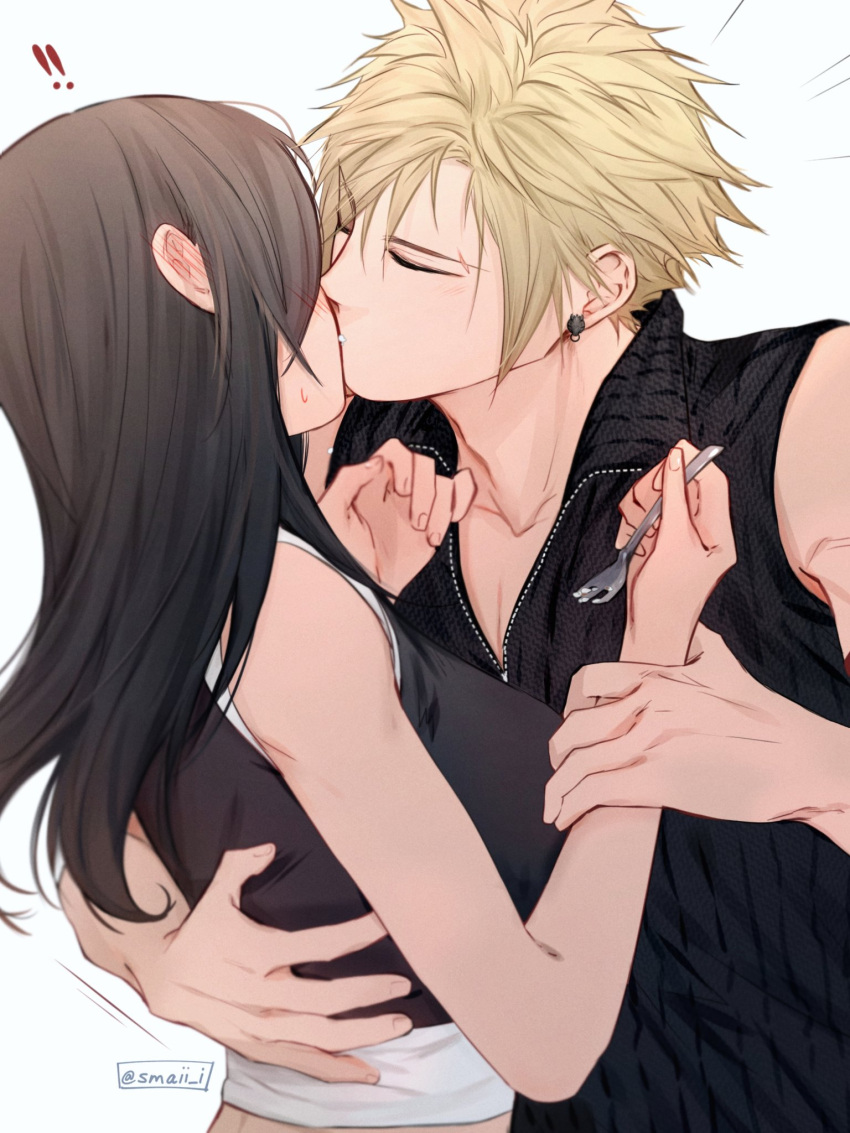 ! !! 1boy 1girl bare_shoulders black_hair blonde_hair blush brown_hair closed_eyes cloud_strife collarbone couple earrings final_fantasy final_fantasy_vii final_fantasy_vii_advent_children food food_on_face fork hand_on_another's_arm hand_on_another's_back highres holding holding_fork hug jewelry kiss long_hair maiii_(smaii_i) shirt sleeveless sleeveless_shirt spiked_hair tifa_lockhart twitter_username