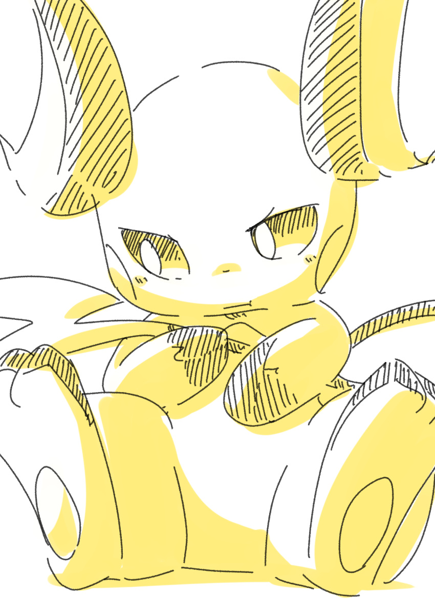 3_toes ambiguous_gender black_eyes chaba cross-hatching featureless_crotch feet feral gloves_(marking) hatching_(art) hi_res holding_tail looking_aside markings monochrome multicolored_body nintendo pawpads pok&eacute;mon pok&eacute;mon_(species) pouting_lips pupils raichu shaded simple_background solo toes two_tone_body video_games white_background white_pupils yellow_body yellow_cheeks