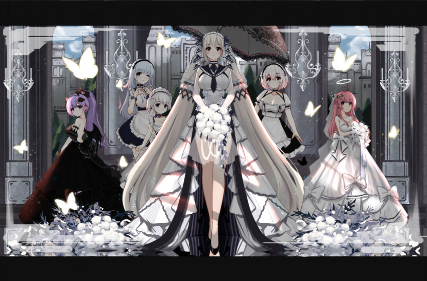 6+girls absurdly_long_hair ahoge alternate_costume azur_lane backless_dress backless_outfit black_dress bouquet bug butterfly demon_horns dido_(azur_lane) dress flower formidable_(azur_lane) formidable_(timeless_classics)_(azur_lane) full_body halo horns little_bel_(azur_lane) long_hair multiple_girls official_alternate_costume perseus_(azur_lane) rose sirius_(azur_lane) twintails unicorn_(azur_lane) very_long_hair white_dress white_flower white_rose wulala