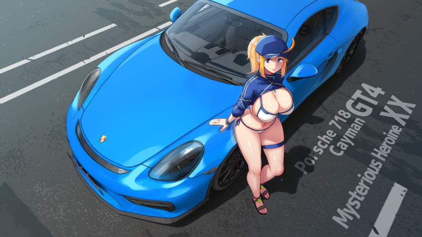 1girl abubu ahoge arm_support artoria_pendragon_(fate) bangs baseball_cap bikini blue_eyes blue_jacket breasts character_name cleavage commentary_request cropped_jacket fate/grand_order fate_(series) from_above full_body hat highres huge_breasts jacket long_sleeves looking_at_viewer midriff mysterious_heroine_xx_(fate) navel ponytail porsche porsche_cayman revealing_clothes side-tie_bikini sideboob sidelocks smile solo standing swimsuit thick_thighs thigh_strap thighs white_bikini