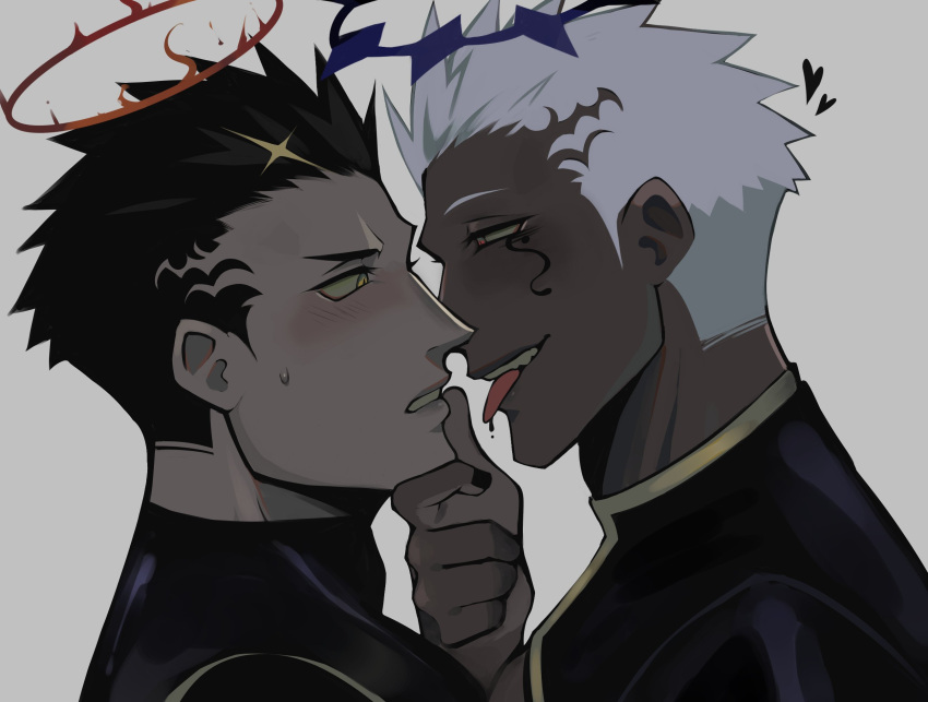 2boys black_bodysuit black_hair black_nails blush bodysuit close-up dark-skinned_male dark_skin facial_tattoo fire half-closed_eyes halo hand_on_another's_chin heart highres israfil_(housamo) lisuchi looking_at_another male_focus manly mature_male multiple_boys open_mouth red_eyes sideburns spark spiked_hair sweat sweatdrop tattoo teeth tight tokyo_afterschool_summoners tongue tongue_out white_hair yaoi yellow_eyes zabaniya_(housamo)