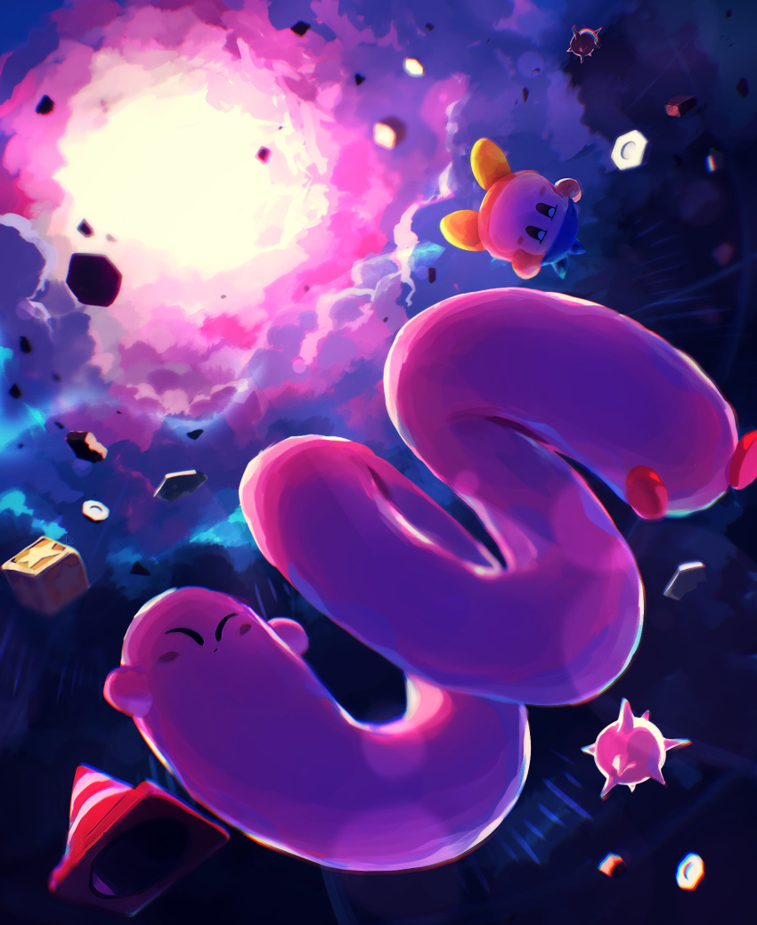 ball_and_chain_(weapon) bandana bandana_waddle_dee closed_eyes cloud cloudy_sky cone creature cube dark floating floating_object highres kirby kirby's_dream_land kirby_(series) kirby_and_the_forgotten_land oomoto_makiko outdoors sky spiked_ball_and_chain suyasuyabi waddle_dee