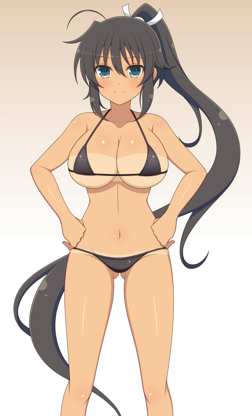 1girl absurdres ass_visible_through_thighs bare_shoulders bikini black_bikini blue_eyes blush breasts cleavage closed_mouth gradient gradient_background highres homura_(senran_kagura) ichiryuu_tsumiki large_breasts long_hair navel ponytail senran_kagura smile solo swimsuit tan tanlines