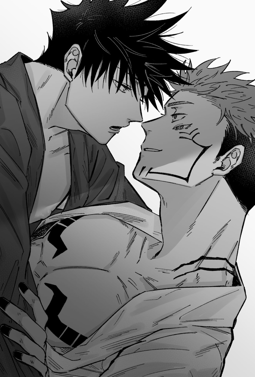 2boys bangs chest_tattoo collarbone commentary_request extra_eyes eye_contact eyelashes facial_tattoo fushiguro_megumi fushirun_rung hair_between_eyes highres jujutsu_kaisen looking_at_another male_focus monochrome multiple_boys muscular muscular_male nail_polish nipple_slip nipples open_clothes open_mouth pectorals ryoumen_sukuna_(jujutsu_kaisen) short_hair smile spiked_hair tattoo undercut upper_body yaoi