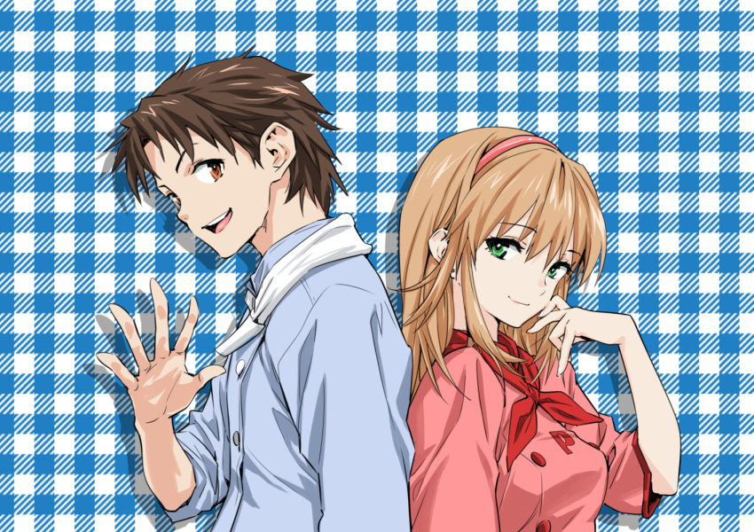 1boy 1girl azuma_kazuma azusagawa_tsukino back-to-back brown_hair commentary_request green_eyes hand_on_own_face hassystants headband long_hair looking_at_viewer plaid plaid_background shadow short_hair simple_background smile uniform yakitate!!_japan