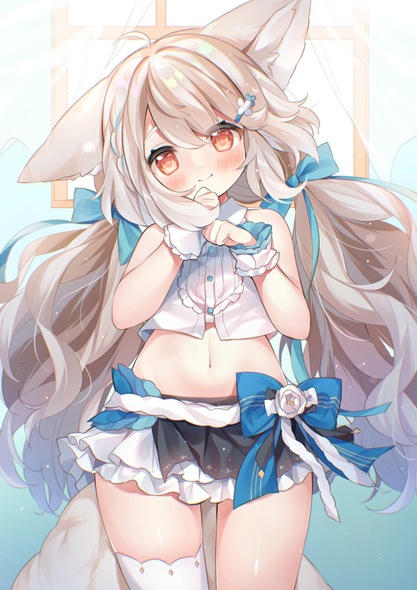 1girl animal_ears commentary_request commission eyebrows_visible_through_hair fox_ears fox_girl fox_tail gau_(n00_shi) hair_ornament highres long_hair looking_at_viewer low_twintails original red_eyes sakurada_shiro skirt solo tail twintails very_long_hair white_hair