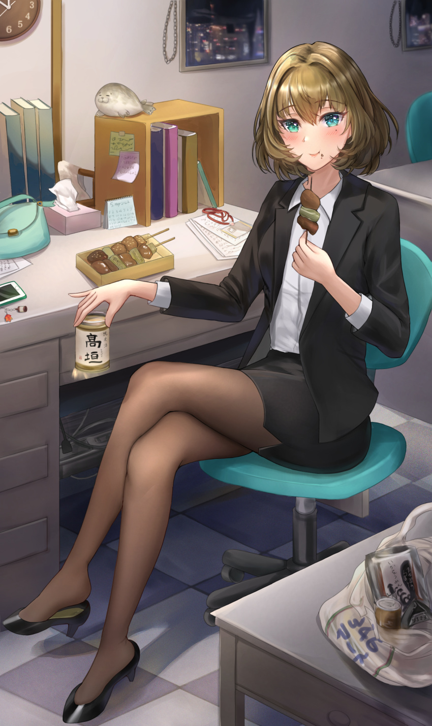 1girl absurdres alcohol bangs black_footwear black_skirt black_suit blush brown_legwear crossed_legs eating formal green_eyes green_hair high_heels highres idolmaster idolmaster_cinderella_girls long_sleeves looking_at_viewer medium_hair nyome991 office_lady pumps sake shirt sitting skirt skirt_suit solo suit takagaki_kaede white_shirt