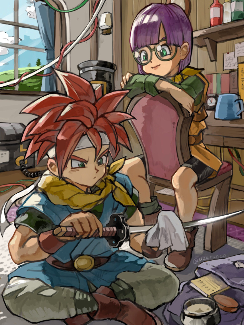 bag belt black_shirt black_shorts blue_tunic boots bottle chair chrono_trigger cloth crono_(chrono_trigger) crossed_arms crossed_legs curtains full_body glasses green_eyes green_shirt grey_pants hair_between_eyes headband highres kettle lucca_ashtear neckerchief pants polishing purple_hair red_hair shelf shirt short_hair short_sleeves shorts sitting sitting_backwards spiked_hair sword uzutanco weapon white_headband window wrist_cuffs yellow_neckerchief yellow_tunic