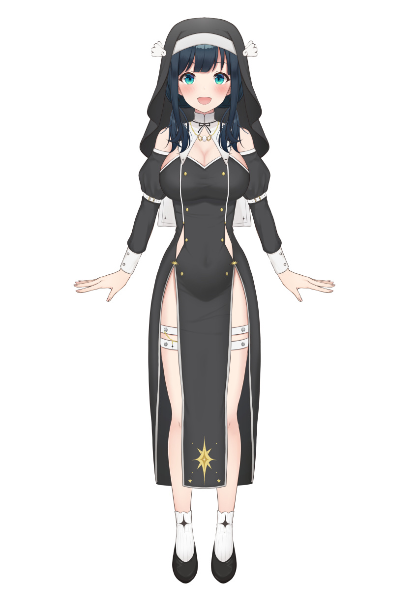 1girl ^_^ absurdres amano_nene_(vtuber) bandaged_arm bandages black_dress black_footwear black_hair blue_eyes blush breasts cleavage closed_eyes detached_sleeves dress eyebrows_visible_through_hair full_body habit halo high_heels highres juliet_sleeves long_sleeves medium_hair nun official_art open_mouth production_kawaii puffy_sleeves smile solo veil virtual_youtuber white_background yukiunag1