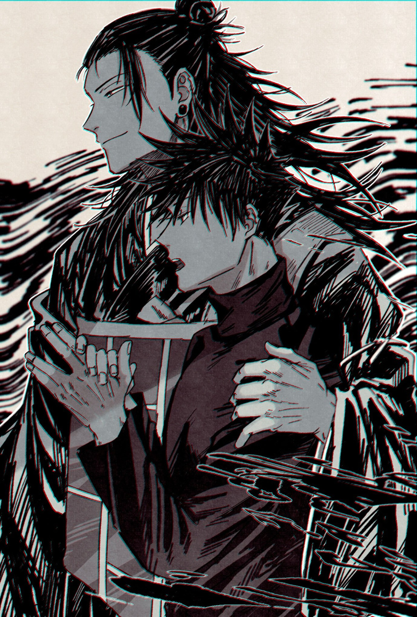 2boys black_hair commentary_request evil_smile fingernails fushiguro_megumi fushirun_rung getou_suguru hair_bun hand_on_another's_shoulder highres japanese_clothes jujutsu_kaisen kesa kimono long_hair long_sleeves looking_to_the_side male_focus monochrome multiple_boys open_mouth own_hands_together plug_(piercing) short_hair smile spiked_hair sweater turtleneck turtleneck_sweater wide_sleeves