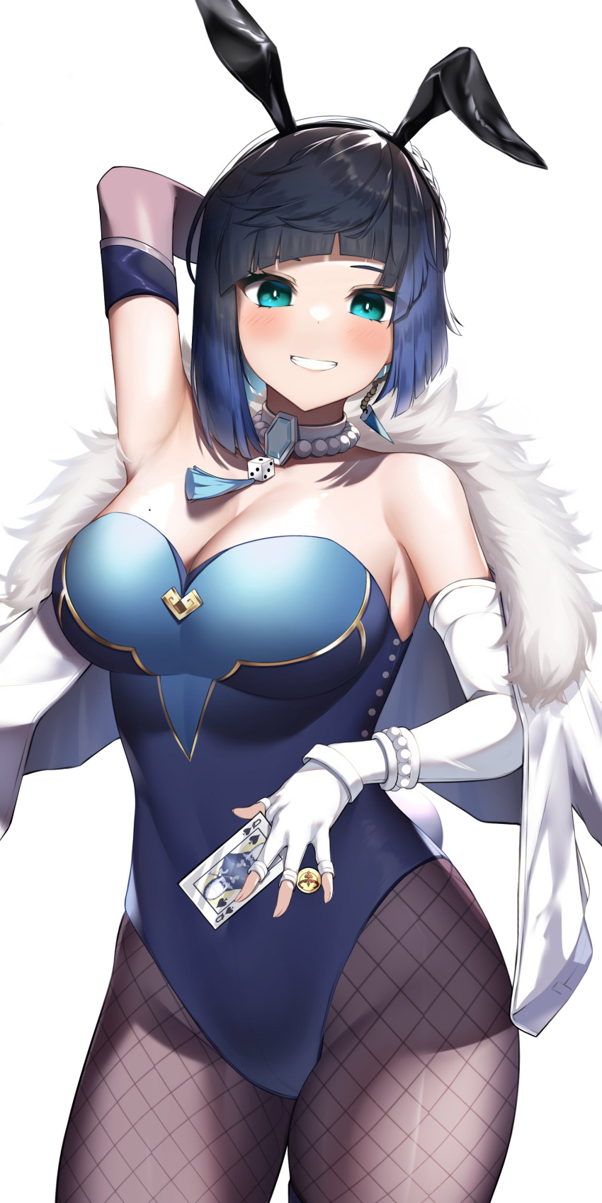 1girl absurdres animal_ears arm_behind_head bangs blue_leotard blunt_bangs blush bob_cut breasts card commentary_request covered_navel cropped_legs dice elbow_gloves fake_animal_ears fake_tail fingerless_gloves fur-trimmed_jacket fur_trim gem genshin_impact gloves green_eyes grin highres hiragi_paint jacket leotard looking_at_viewer medium_breasts pantyhose playboy_bunny poker short_hair simple_background smile solo strapless strapless_leotard sweat tail tassel thigh_strap white_background white_gloves white_jacket yelan_(genshin_impact)