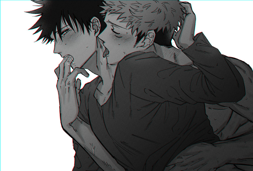 2boys bangs blush closed_eyes collarbone commentary_request drooling facial_mark finger_in_another's_mouth finger_sucking fushiguro_megumi fushirun_rung hand_under_clothes hand_under_shirt highres itadori_yuuji jujutsu_kaisen licking licking_neck long_sleeves looking_at_another male_focus monochrome multiple_boys muscular muscular_male saliva shirt short_hair spiked_hair sweatdrop tears tongue tongue_out topless_male undercut upper_body yaoi