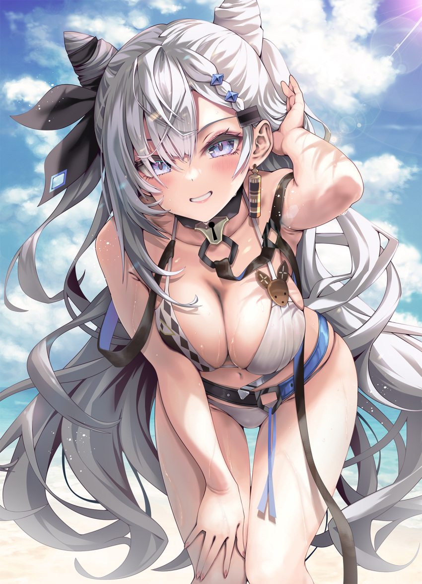 1girl bangs beach bent_over bikini blue_eyes blush breasts cleavage collarbone deer double_bun duplicate earrings hair_cones hair_ornament halterneck highres hololive hololive_indonesia jewelry kubota_masaki large_breasts lens_flare long_hair looking_at_viewer multi-tied_hair navel outdoors parted_lips pixel-perfect_duplicate silver_hair sky smile solo string_bikini swimsuit thighs vestia_zeta virtual_youtuber