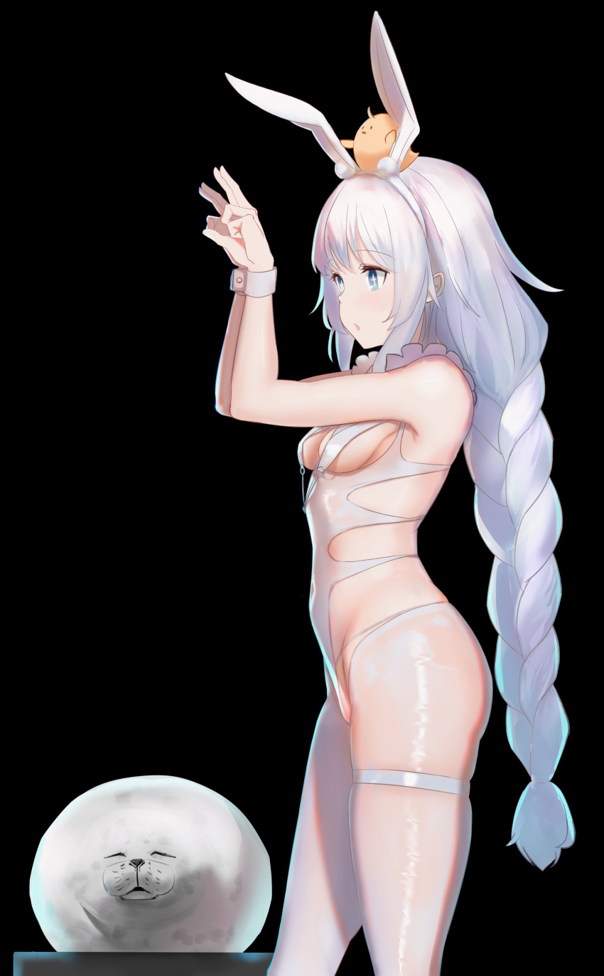 +_+ 1girl absurdres animal_ears animal_on_head azur_lane bakaking black_background blue_eyes braid braided_ponytail breasts bunny_shadow_puppet commentary covered_navel crotchless crotchless_pantyhose eyebrows_visible_through_hair fake_animal_ears feet_out_of_frame from_side hairband highres le_malin_(azur_lane) le_malin_(listless_lapin)_(azur_lane) leotard long_hair manjuu_(azur_lane) o-ring official_alternate_costume on_head open_mouth pantyhose playboy_bunny rabbit_ears revealing_clothes seal_(animal) silver_hair simple_background skindentation small_breasts solo standing thigh_strap white_hairband white_legwear white_leotard wrist_cuffs