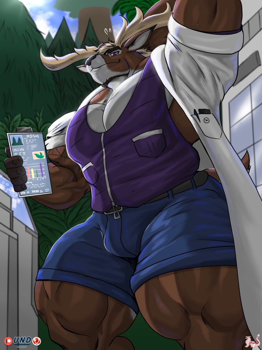 2022 anthro belt belt_buckle blue_bottomwear blue_clothing blue_shorts bottomwear cervid clipboard clothing coat forest hi_res lab_coat machine male mammal masterelrest muscular muscular_anthro nature patreon patreon_logo pecs plant researcher shorts solo topwear tree watermark