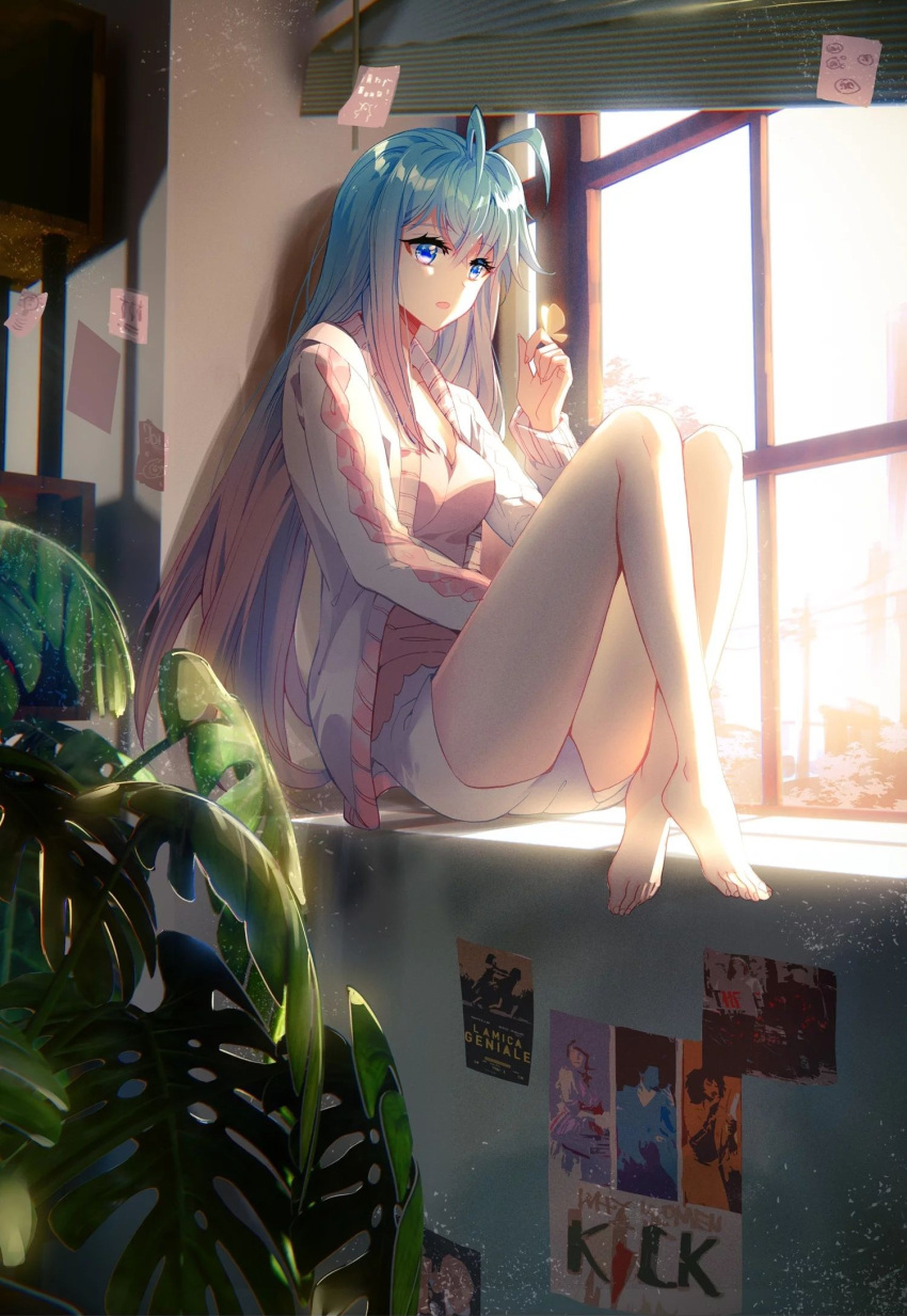 1girl barefoot cover cover_page douluo_dalu hei_zhi_shi highres jacket light long_hair no_socks official_art pink_shirt plant poster_(object) shirt shorts sitting sticky_note tang_wutong_(douluo_dalu) third-party_source window