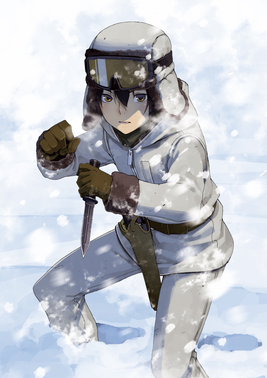 1girl alternate_costume androgynous bangs belt black_belt black_hair breath brown_eyes brown_gloves clenched_hands coat colt_1851_navy combat_knife commentary cover_image dagger fighting_stance footprints fur_hat gloves goggles goggles_on_head goggles_on_headwear gun hair_between_eyes handgun hat highres holding holding_knife holding_weapon holster hood hood_down kino_(kino_no_tabi) kino_no_tabi knife light_blush long_sleeves looking_at_viewer official_art pants parted_lips reverse_grip revolver shaded_face shiomiya_iruka short_hair ski_goggles snow snowflakes snowing solo squatting tomboy ushanka weapon white_coat white_pants zipper