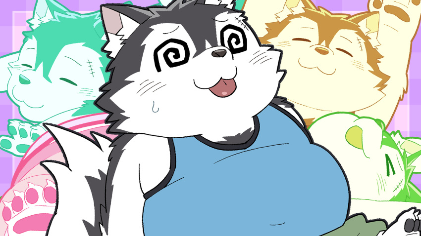 16:9 2022 anthro belly big_belly black_body black_nose blep blush bodily_fluids canid canine canis chibi clothing dizzy domestic_dog eyes_closed hi_res kemono male mammal multiple_poses nikiciy overweight overweight_male pose scar shirt solo spiral_eyes sweat tank_top tongue tongue_out topwear white_body widescreen