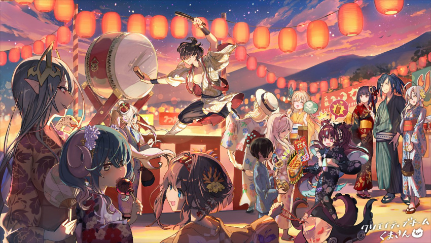 1boy 6+girls :d ahoge alternate_costume artist_request black_hair blonde_hair blue_hair blue_kimono candy character_request check_copyright copyright_request drum festival food hair_ornament hairband hand_fan holding holding_candy holding_food horns instrument japanese_clothes kimono lantern long_hair lord_(oshiro_project) multicolored_hair multiple_girls orange_kimono oshiro_project oshiro_project_re paper_fan pointy_ears red_hairband red_kimono sennen_sensou_aigis short_hair silver_hair smile taiko_drum taiko_sticks uchiwa wide_shot yanagawa_(oshiro_project)