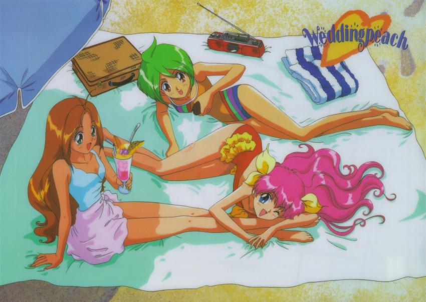 1990s_(style) 3girls ai_tenshi_densetsu_wedding_peach applying_sunscreen bangs barefoot beach beach_umbrella blanket blue_eyes boombox bottle bow brown_eyes brown_hair casual_one-piece_swimsuit copyright_name day drink eyebrows_visible_through_hair footprints from_behind green_eyes green_hair hanasaki_momoko highres holding holding_bottle ichiishi_sayuri legs long_hair lotion lying magical_girl multiple_girls non-web_source one-piece_swimsuit one_eye_closed open_mouth pink_hair pink_sarong pouring purple_sarong radio retro_artstyle sarong scan shade short_hair sitting smile sunscreen swimsuit tamano_hinagiku tanima_yuri tongue towel tropical_drink umbrella yellow_bow