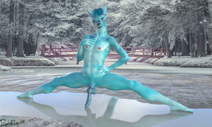 3d_(artwork) 5_fingers abs animal_genitalia animal_penis anthro areola aster_(earthclan) balls bent_arm black_nose blue_balls blue_body blue_eyes blue_hair blue_penis bridge butt_from_the_front canid canine canine_penis digital_media_(artwork) earthclan3d evergreen_tree fingers flexible fluffy fluffy_tail forest genitals glistening glistening_balls glistening_body glistening_genitalia glistening_penis glistening_skin hair half-erect hand_on_chest hand_on_hip head_tilt knot looking_at_viewer male mammal mixed_media multicolored_body nature nature_background navel nipples open_mouth outside penis penis_on_ground photo_background pine_tree pink_areola pink_nipples plant reflection smile snow solo splits spread_legs spreading straight_legs tree v-cut ventral_groove visible_ribs white_body