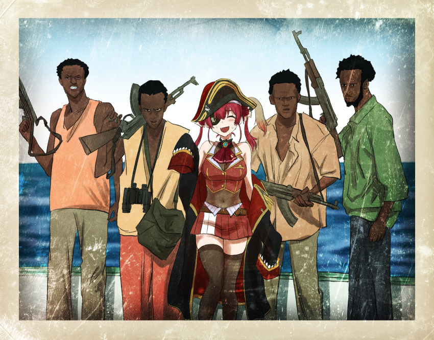 1girl 4boys ascot binoculars black_hair blue_pants boat breasts brown_pants cape closed_eyes dark-skinned_male dark_skin dress eyepatch green_shirt highres houshou_marine kalashnikov_rifle kimleon large_breasts long_hair looking_at_viewer multiple_boys ocean open_mouth outdoors pants pirate red_hair red_pants red_skirt see-through_dress shirt short_hair skirt tank_top thighhighs twintails two-tone_shirt virtual_youtuber watercraft yellow_shirt yellow_tank_top