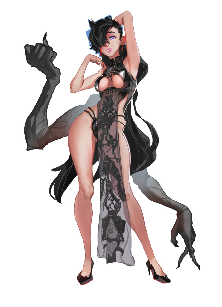 1girl arm_behind_head arm_up armpits ass_visible_through_thighs bangs bare_shoulders black_dress black_panties blue_eyes breasts china_dress chinese_clothes clothing_cutout contrapposto dress earrings eximmetry extra_arms hair_over_one_eye hand_up high_collar high_heels highres jewelry latex lips long_hair medium_breasts mole mole_under_mouth original panties parted_lips ponytail revealing_clothes see-through simple_background solo thighs thong underboob underboob_cutout underwear very_long_hair white_background wide_hips