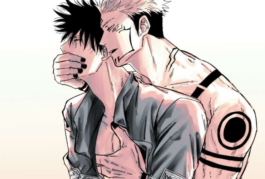 2boys arm_tattoo black_hair black_nails closed_eyes collared_shirt commentary_request covering_mouth crying extra_eyes facial_tattoo fushiguro_megumi fushirun_rung grabbing grabbing_from_behind hand_over_another's_mouth highres jujutsu_kaisen long_sleeves male_focus multiple_boys muscular muscular_male open_clothes open_mouth open_shirt ryoumen_sukuna_(jujutsu_kaisen) shirt short_hair shoulder_tattoo spiked_hair tattoo tears topless_male undercut yaoi