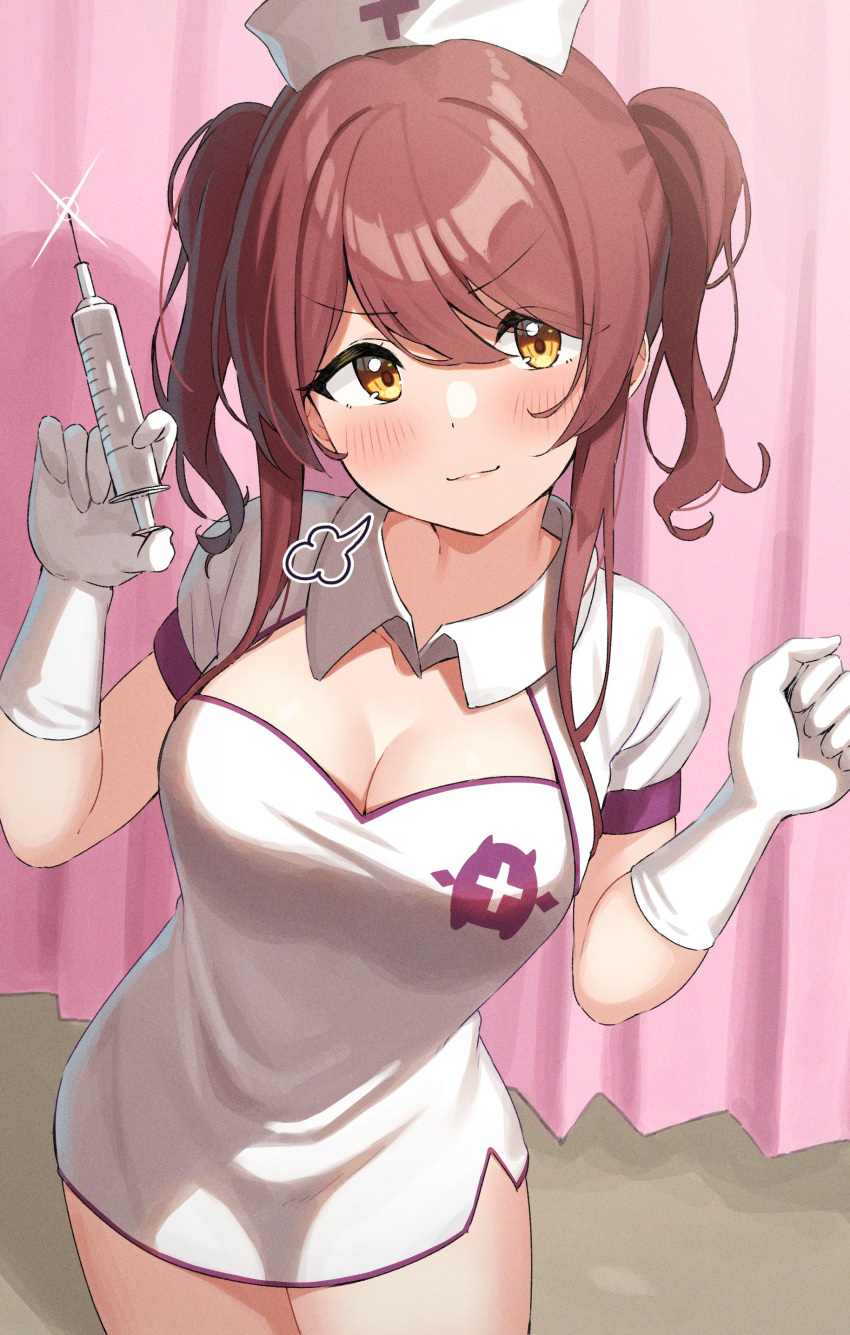 1girl absurdres blush breasts cleavage cleavage_cutout closed_mouth clothing_cutout collared_dress commentary cowboy_shot curtains dot_nose dress eyebrows_visible_through_hair glint gloves hair_between_eyes hands_up hat highres holding holding_syringe idolmaster idolmaster_shiny_colors leaning_to_the_side medium_breasts nurse_cap oosaki_tenka puffy_short_sleeves puffy_sleeves shadow shiny shiny_hair short_sleeves solo standing syringe thighs twintails v-shaped_eyebrows wanimaru white_dress white_gloves white_headwear yellow_eyes