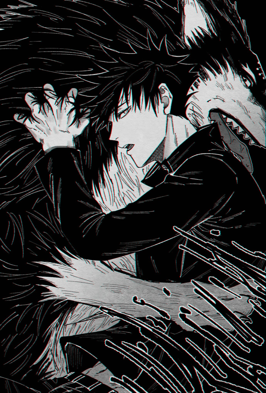 1boy animal bangs dog fushiguro_megumi fushirun_rung high_collar highres hug jacket jujutsu_kaisen long_sleeves looking_at_viewer male_focus monochrome open_mouth pants profile school_uniform short_hair spiked_hair