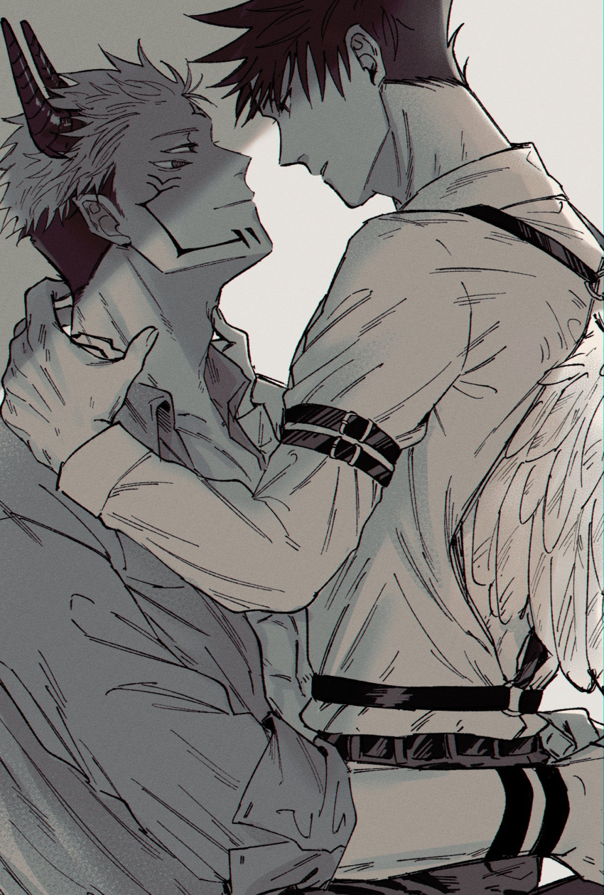 2boys angel angel_wings arm_tattoo bangs chest_harness closed_mouth collared_shirt commentary_request demon_boy demon_horns extra_eyes facial_tattoo fushiguro_megumi fushirun_rung hands_on_another's_neck harness highres horns jujutsu_kaisen long_sleeves looking_at_another male_focus multiple_boys muscular muscular_male pants ryoumen_sukuna_(jujutsu_kaisen) shirt short_hair smile spiked_hair tattoo unbuttoned unbuttoned_shirt undercut wings yaoi