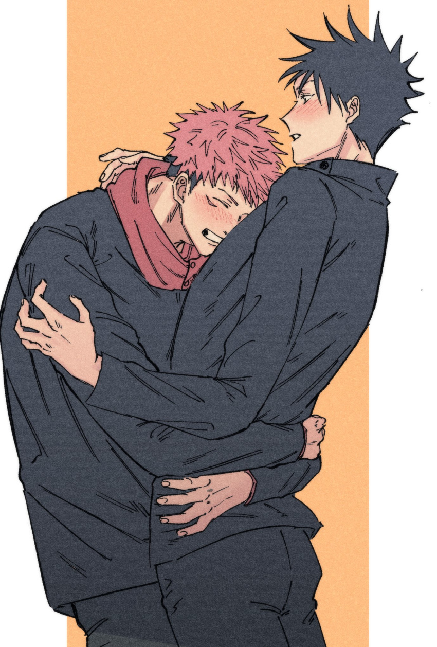 2boys black_hair black_jacket black_pants blush buttons closed_eyes commentary_request facial_mark fushiguro_megumi fushirun_rung green_eyes grin highres hood hoodie hug itadori_yuuji jacket jujutsu_kaisen long_sleeves looking_at_another male_focus multiple_boys pants pink_hair red_hoodie school_uniform short_hair smile spiked_hair teeth undercut waist_hug yaoi