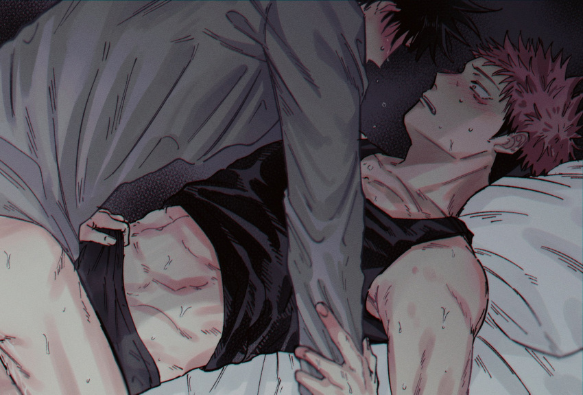 2boys abs bangs bed_sheet black_hair black_male_underwear black_tank_top blush bottomless boxers bulge commentary_request crotch_grab erection erection_under_clothes facial_mark fushiguro_megumi fushirun_rung grey_shirt groping hand_on_another's_crotch highres itadori_yuuji jujutsu_kaisen long_sleeves looking_at_another lying male_focus male_underwear multiple_boys muscular muscular_male nipples on_back on_bed pectorals pink_hair shirt short_hair spiked_hair straddling tank_top tears tongue tongue_out undercut underwear yaoi