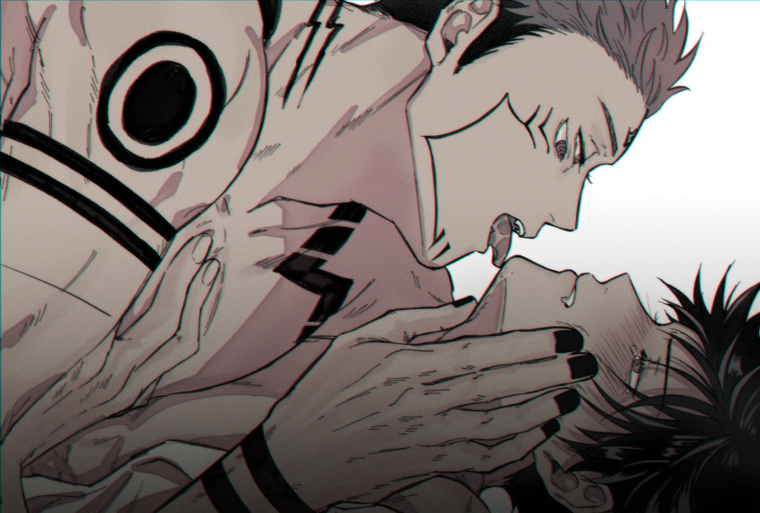 2boys arm_tattoo black_hair black_nails blush chest_tattoo commentary_request extra_eyes facial_tattoo fushiguro_megumi fushirun_rung hand_on_another's_cheek hand_on_another's_chest hand_on_another's_face highres jujutsu_kaisen licking licking_another's_face looking_at_another lying_on_person male_focus multiple_boys muscular muscular_male open_clothes open_shirt pectorals pink_hair ryoumen_sukuna_(jujutsu_kaisen) shirt short_hair shoulder_tattoo tattoo tears topless_male undercut white_shirt yaoi