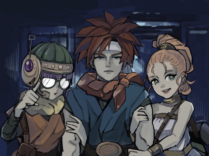 1boy 2girls belt blue_tunic bracelet choker chrono_trigger crono_(chrono_trigger) derivative_work dress glasses green_eyes headband helmet highres holding_another's_arm jewelry long_sleeves lucca_ashtear marle_(chrono_trigger) multiple_girls neckerchief orange_hair orange_neckerchief orange_tunic pointing ponytail purple_hair red_hair short_hair short_sleeves spiked_hair strapless strapless_dress upper_body uzutanco white_dress white_headband