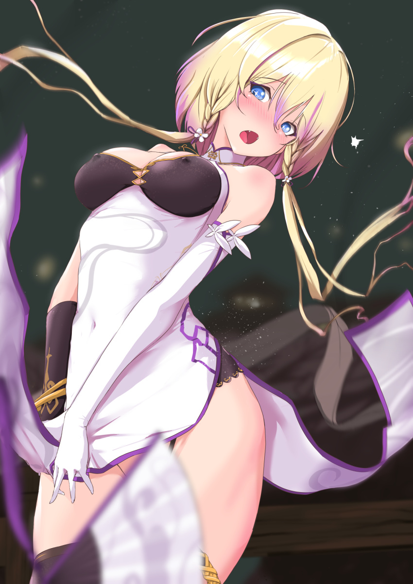 1girl :o asymmetrical_gloves azur_lane bare_shoulders black_gloves black_shawl blonde_hair blue_eyes blush china_dress chinese_clothes convenient_censoring covered_nipples dress elbow_gloves embarrassed folding_fan gloves hand_fan highres marblehead_(azur_lane) marblehead_(moongazing_on_the_29.5th)_(azur_lane) mismatched_gloves no_panties p.i.t.d shawl single_elbow_glove solo white_dress white_gloves wind wind_lift