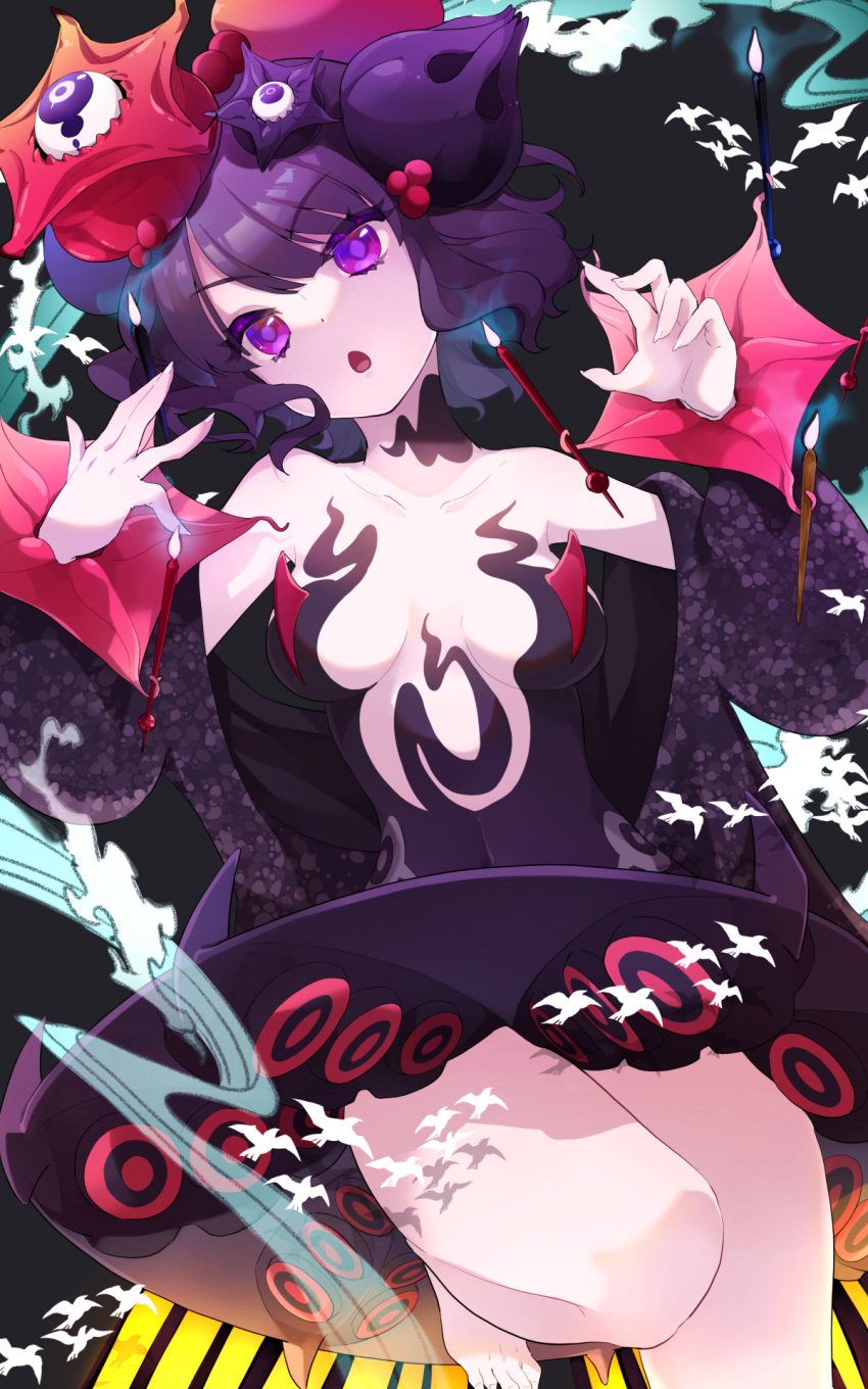 1girl akibotann bangs bare_legs bare_shoulders barefoot blunt_bangs breasts cleavage eyebrows_visible_through_hair fate/grand_order fate_(series) hair_ornament highres katsushika_hokusai_(fate) katsushika_hokusai_(third_ascension)_(fate) looking_at_viewer medium_breasts open_mouth purple_eyes purple_hair robe short_hair slit_pupils smile solo