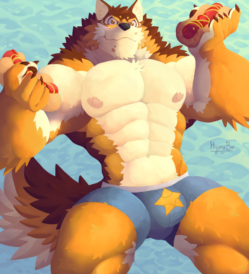 abs anthro barrel_(live-a-hero) bottomwear canid canine canis clothing eating food hi_res hot_dog hyenaboi_(artist) lifewonders live-a-hero male mammal muscular muscular_anthro muscular_male nipples pecs shorts solo swimwear video_games water wolf