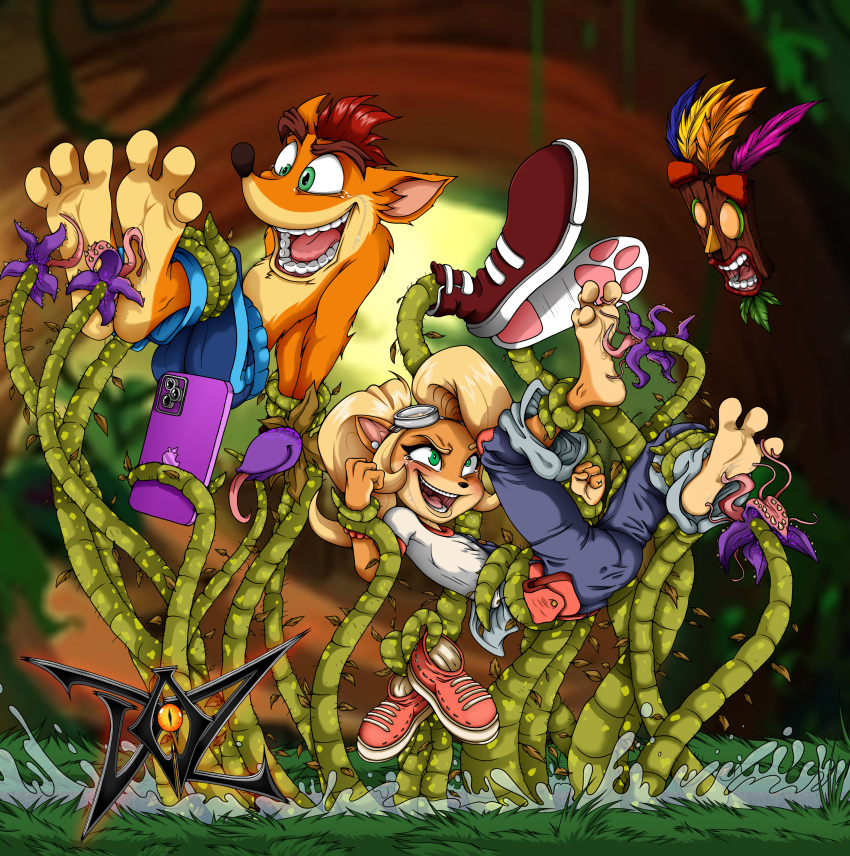 2021 3_toes 4_fingers absurd_res activision aku_aku anthro apple_inc. bandicoot barefoot biped blonde_hair blue_bottomwear blue_clothing blue_pants blurred_background bodily_fluids bottomwear brand_parody breasts cellphone clothed clothing coco_bandicoot countershade_feet countershade_hands countershading crash_bandicoot crash_bandicoot_(series) crying_laughing dazidentevil detailed_background digital_media_(artwork) ear_piercing ear_ring eyebrows feet female fingers foot_fetish foot_lick foot_play footwear fully_clothed fur green_eyes group hair hi_res holding_cellphone holding_object holding_phone holding_smartphone iphone laugh licking male mammal marsupial open_mouth orange_body orange_fur outside pants phone piercing pink_inner_ear plantigrade prick_ears restrained restrained_arms restrained_feet restrained_legs shirt shoes signature smartphone soles splash spread_toes swamp t-shirt tan_body tan_fur tears teeth teeth_showing tentacles tickle_fetish tickle_torture tickling tickling_feet toe_curl toes tongue tongue_out topwear trio video_games vines water white_clothing white_shirt white_topwear