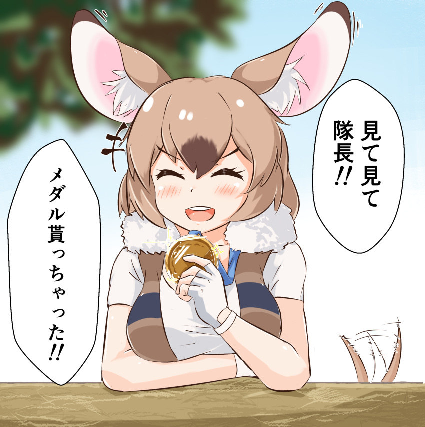 +++ 1girl ^_^ afterimage animal_ear_fluff animal_ears arm_rest bangs bare_arms blurry blurry_background blush brown_hair closed_eyes commentary_request day facing_viewer fingerless_gloves fur_trim gambian_rat_(kemono_friends) gloves hair_between_eyes hand_up highres holding kemono_friends light_brown_hair medallion medium_hair motion_lines mouse_ears mouse_girl mouse_tail multicolored_hair open_clothes open_mouth open_vest outdoors shirt shoes smile solo tail tail_wagging translation_request two-tone_hair upper_body v-shaped_eyebrows vest white_gloves white_shirt wonderful_waon