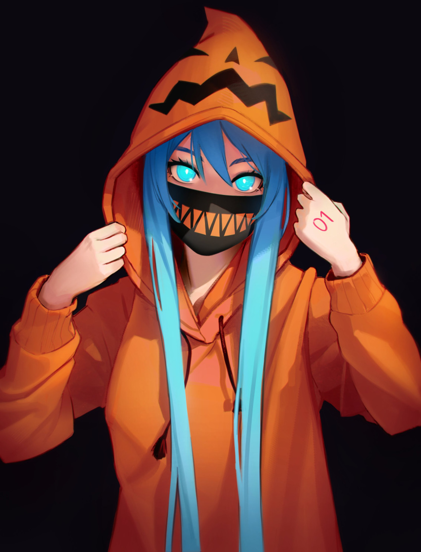 1girl absurdres adjusting_clothes black_background blue_eyes blue_hair bright_pupils eximmetry hair_between_eyes hand_tattoo hatsune_miku highres hood hood_up hoodie long_hair looking_at_viewer mask mouth_mask orange_hoodie simple_background solo tattoo upper_body very_long_hair vocaloid white_pupils