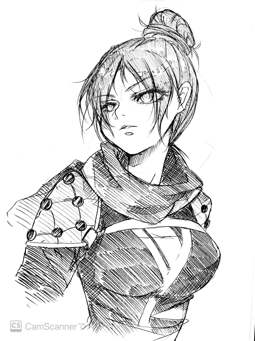 1girl absurdres apex_legends bodysuit breasts greyscale hair_behind_ear hair_bun highres ink_(medium) looking_to_the_side looking_up masamune_(msmn27) medium_breasts monochrome scarf solo traditional_media upper_body watermark white_background wraith_(apex_legends)