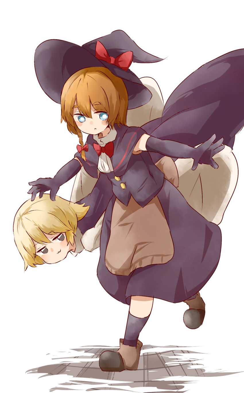 2girls :3 :o absurdres apron bangs black_capelet black_eyes black_gloves black_headwear black_legwear black_skirt black_vest blonde_hair blue_eyes blush bow bowtie braid breasts bright_pupils brown_apron brown_footwear capelet closed_mouth commentary_request cookie_(touhou) elbow_gloves expressionless eyebrows_visible_through_hair full_body gloves hair_bow hat hat_bow highres kirisame_marisa light_brown_hair looking_at_viewer looking_down meguru_(cookie) multiple_girls open_mouth red_bow red_bowtie short_hair side_braid simple_background single_braid skirt small_breasts smile socks touhou vest waist_apron white_background white_pupils witch_hat yumekamaborosh yuuhi_(cookie)