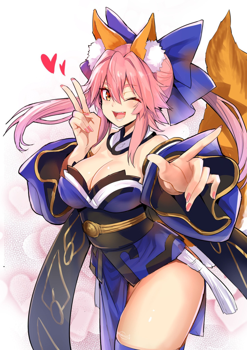 1girl animal_ear_fluff animal_ears bangs bare_shoulders blue_bow blue_kimono blue_legwear blush bow breasts cleavage commentary detached_collar detached_sleeves fate/extra fate_(series) fox_ears fox_girl fox_tail hair_between_eyes hair_bow heart highres japanese_clothes kimono koi_dance large_breasts long_hair looking_at_viewer obi one_eye_closed open_mouth pink_hair sash sidelocks smile solo tail tamamo_(fate) tamamo_no_mae_(fate/extra) thighhighs thighs twintails v white_background wide_sleeves wisespeak yellow_eyes