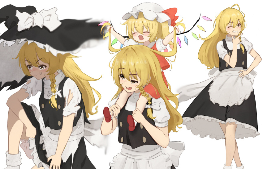 2girls absurdres apron bangs black_headwear black_skirt black_vest blonde_hair blush braid commentary_request esthoric fang flandre_scarlet frilled_apron frilled_hat frills grin hair_ribbon hand_on_hip happy hat highres kirisame_marisa long_hair looking_at_viewer mob_cap multiple_girls one_eye_closed one_side_up open_mouth puffy_short_sleeves puffy_sleeves red_footwear ribbon short_sleeves single_braid skin_fang skirt smile sweatdrop torn_clothes torn_sleeves touhou tress_ribbon uneven_eyes vest waist_apron white_apron white_ribbon witch_hat