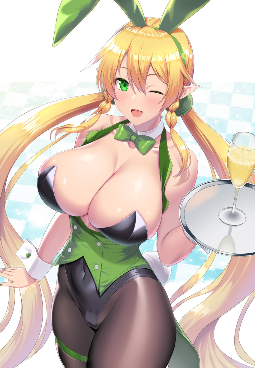 1girl :d animal_ears black_legwear blonde_hair blush bow bowtie breasts cleavage collarbone elf glass green_bow green_bowtie green_eyes green_leotard green_nails happy highres holding holding_tray kawase_seiki large_breasts leafa leotard navel one_eye_closed pantyhose playboy_bunny pointy_ears rabbit_ears sketch skin_tight skindentation smile solo sword_art_online tray