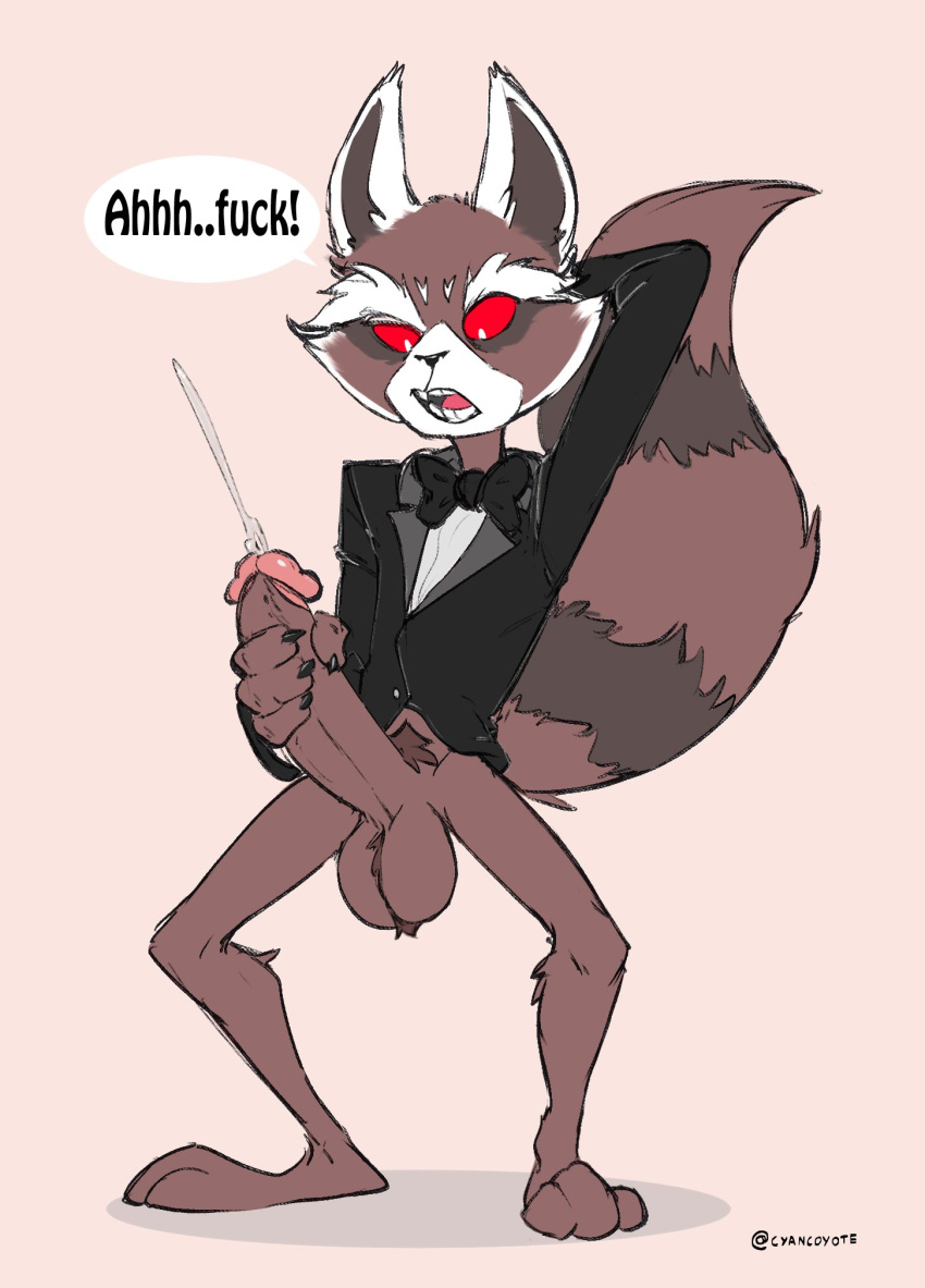 2022 anthro balls big_penis black_tie_(suit) bodily_fluids bottomless bottomless_anthro bottomless_male bow_tie brown_body brown_fur clothed clothing cum cumshot cyancoyote ejaculation english_text erection full-length_portrait fur genital_fluids genitals glans guardians_of_the_galaxy hand_behind_head hi_res holding_penis humanoid_genitalia humanoid_penis male mammal marvel masturbation open_mouth orgasm penile penile_masturbation penis portrait procyonid profanity pubes raccoon red_sclera rocket_raccoon solo standing suit text white_eyes