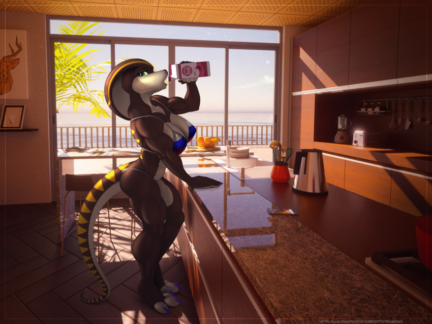 3d_background anthro bikini brown_body brown_scales claws clothing cobra female kitchen looking_at_viewer milk_carton muscular muscular_anthro muscular_female purple_claws reflection reptile scales scalie shandi snake spotty_the_cheetah standing swimwear