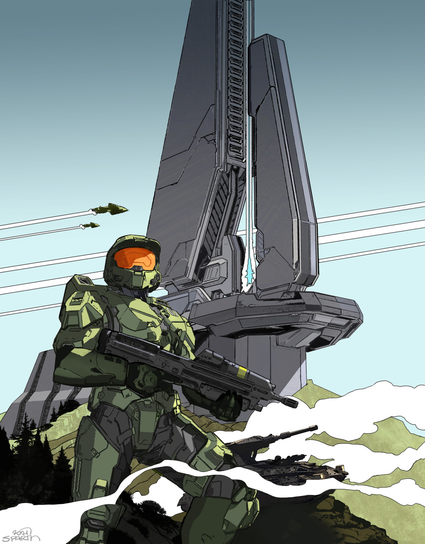 1boy absurdres armor assault_rifle bullpup ground_vehicle gun halo_(series) halo_infinite highres holding holding_gun holding_weapon male_focus master_chief military military_vehicle motor_vehicle pelican_(halo) power_armor rifle science signature smoke tank tower tree trigger_discipline visor weapon